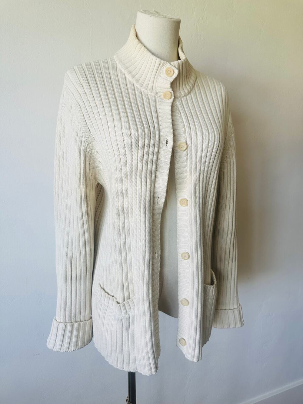 Vintage Cotton Cardigan Sweater Chunky Knit Mock Neck Size Medium Oversized Fit